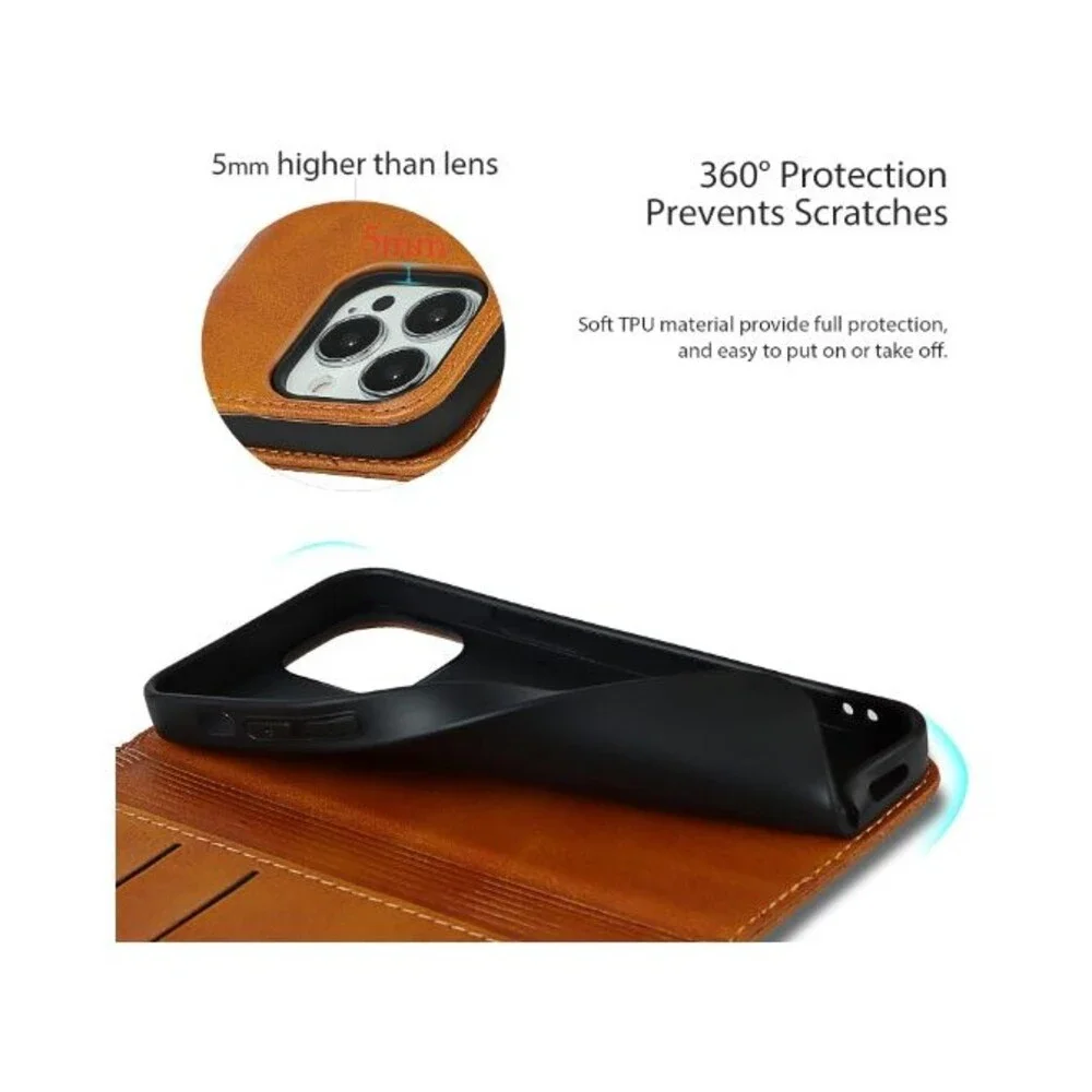 iPhone 15 Pro Faux Leather case Wallet with Card Holder  Flip Folio Light Brown